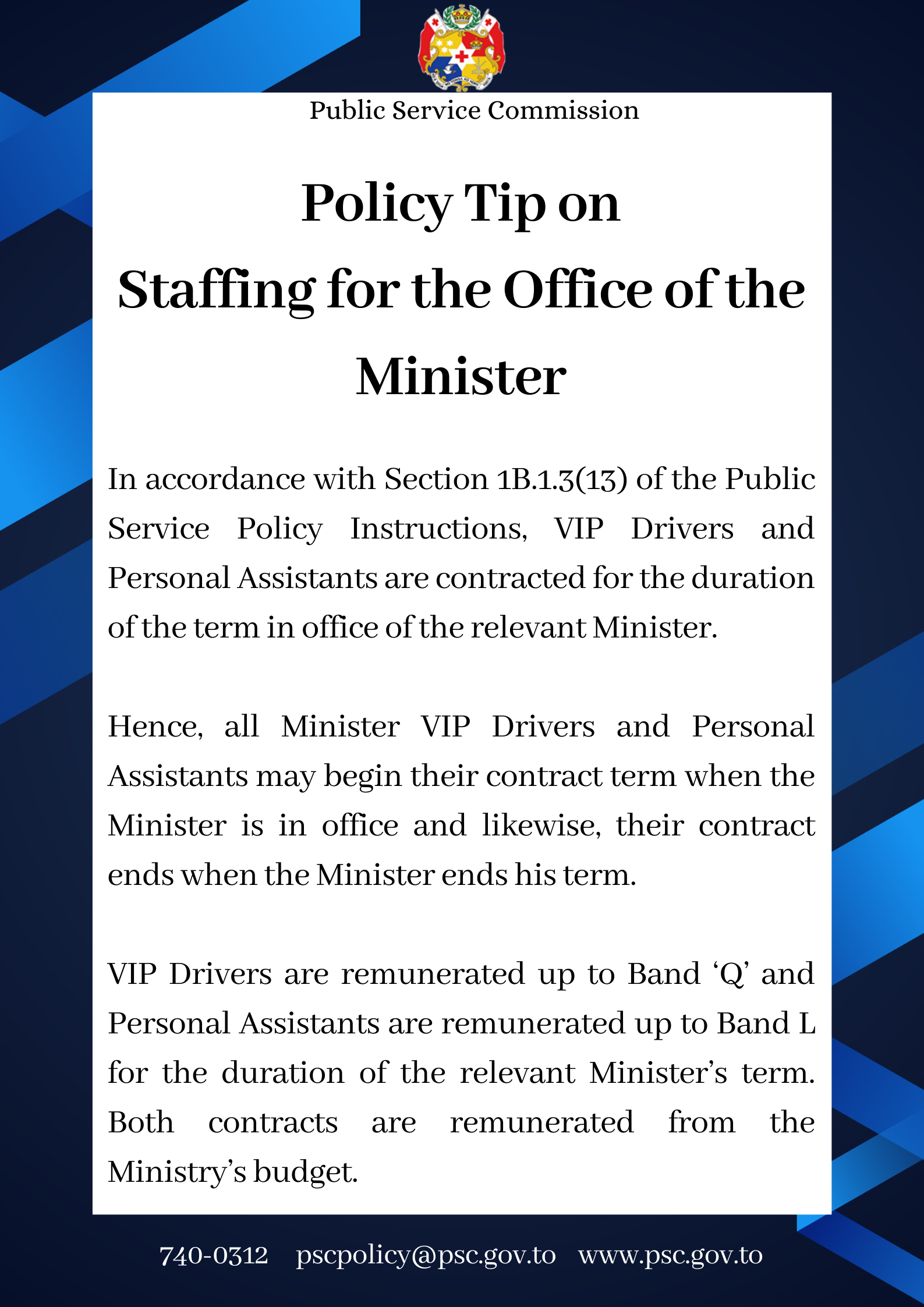 Policy Tip on Staffing for the Office of the Minister